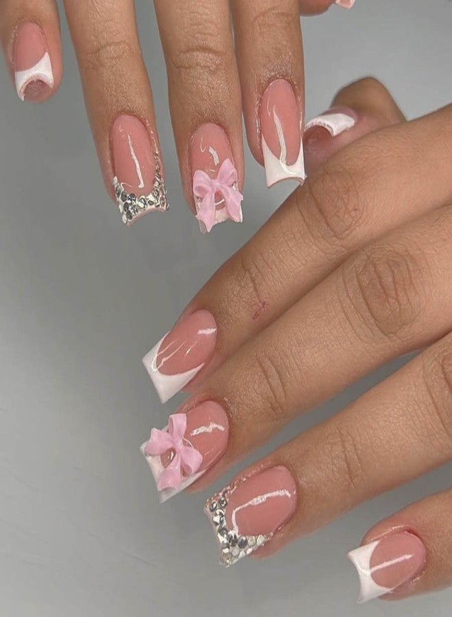 LRKNNO French Tip Press on Nails Short Square, LRKNNO Pink Fake Nails with Charms Designs Cute Glue on Nails White Nail Tips Full Cover Acrylic Nails Bows False Nails for Women Girls DIY Manicure Salon 24Pcs - Image 1